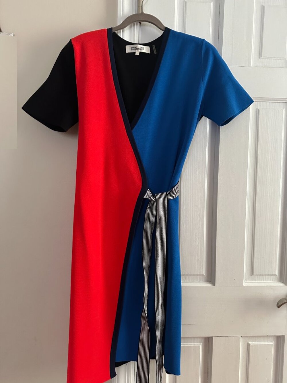 Diane Von Furstenberg Wrap Dress in Color Block Red and Blue in size L
